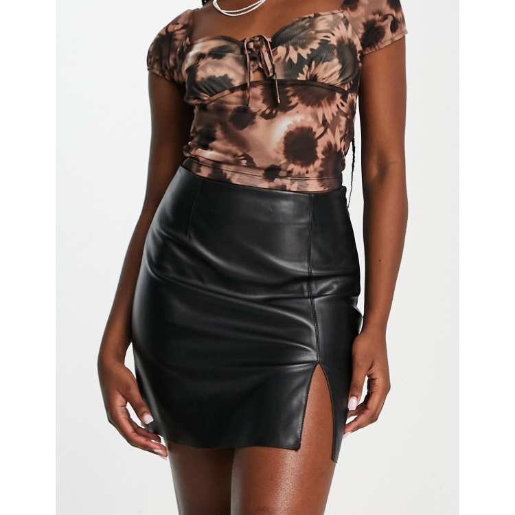 Noisy May notch front faux leather mini skirt in black ASOS