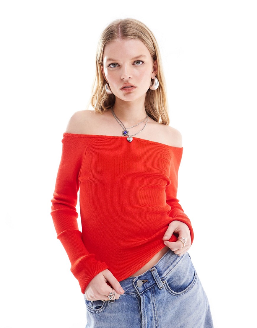 Noisy May off shoulder knitted long sleeve top in red