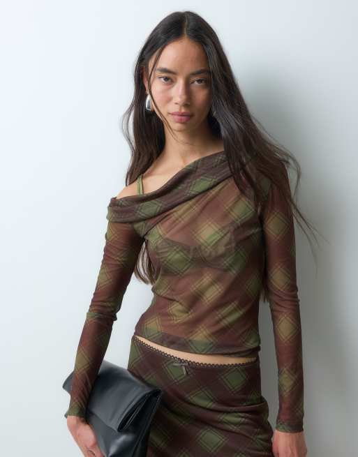 Noisy May mesh off shoulder top & low waist midi skirt set in green checks, 3 of 3