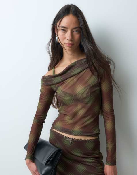 Noisy May off shoulder mesh top set in green checks - view 1