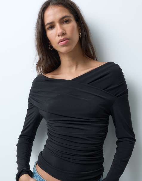 Noisy May off shoulder ruched long sleeve top in black - view 1