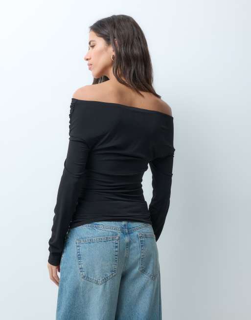 Noisy May off shoulder ruched long sleeve top in black, 4 of 4