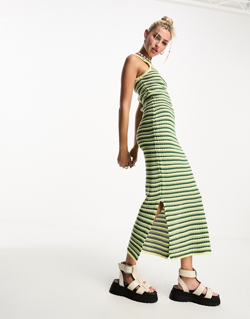 Noisy May one shoulder crochet maxi dress in green and yellow stripe