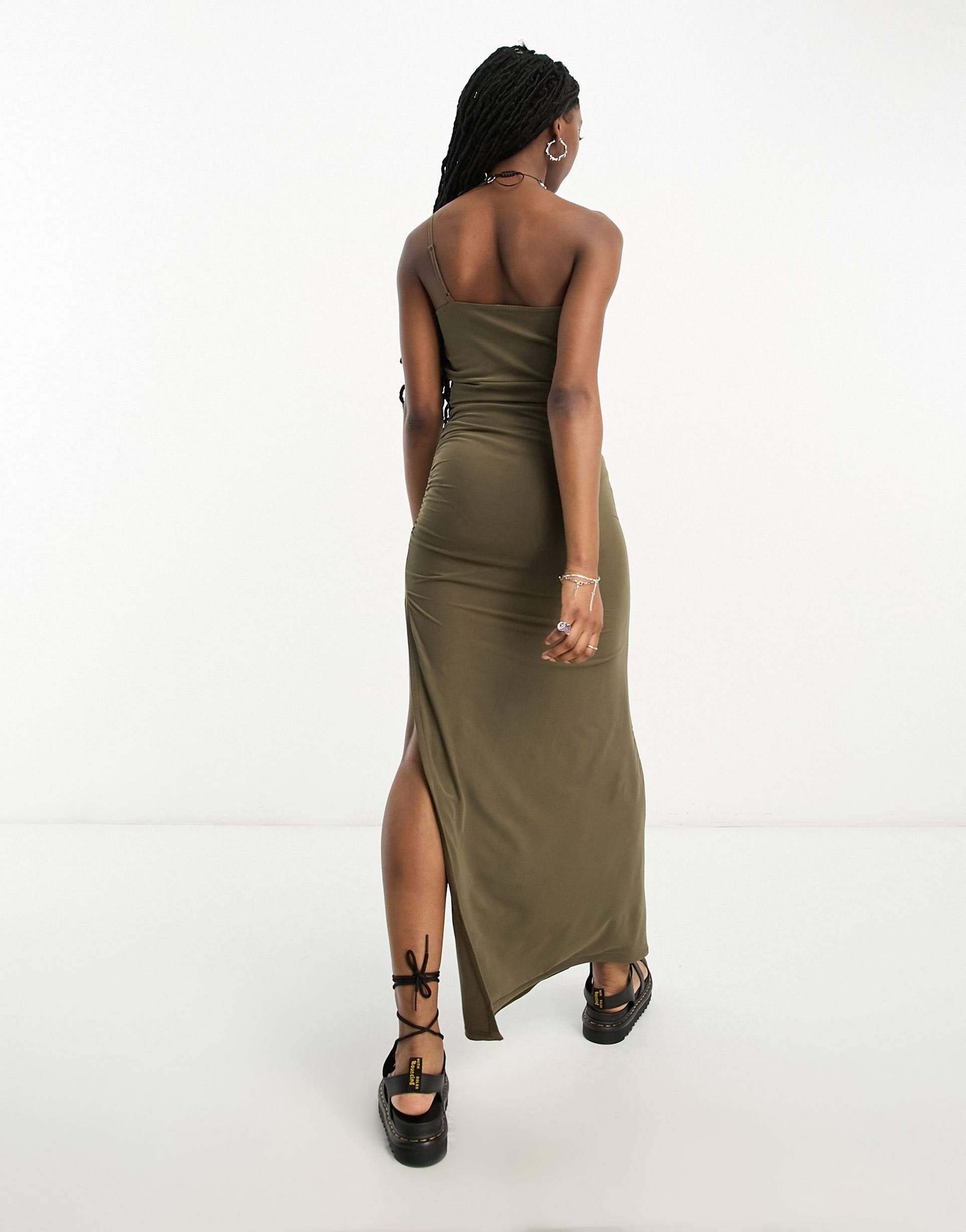 noisy may one shoulder maxi dress in khaki