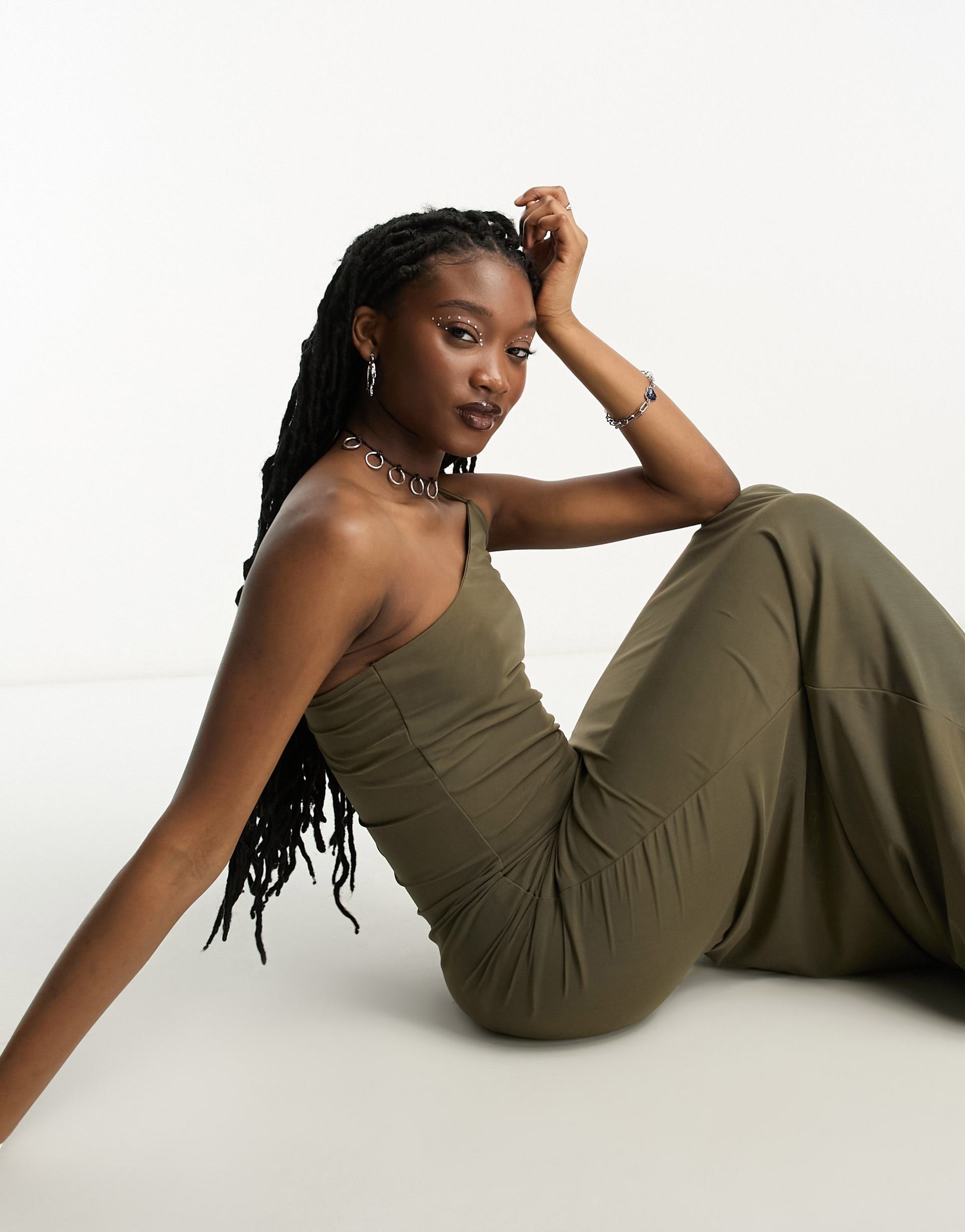 noisy may one shoulder maxi dress in khaki