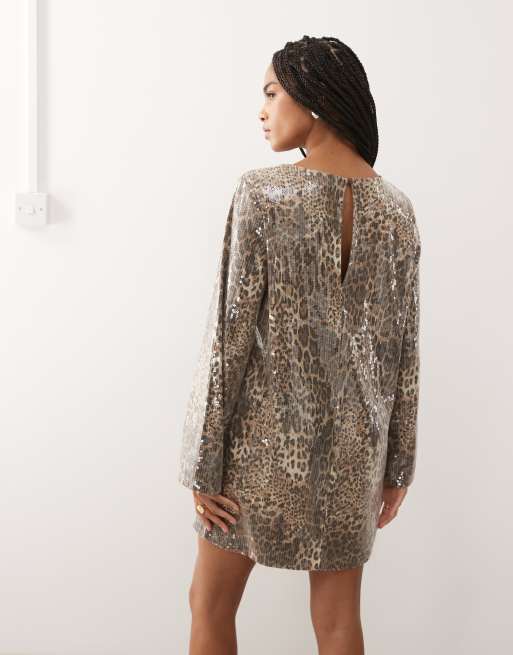 Noisy May open back sequin mini dress in leopard, 3 of 4