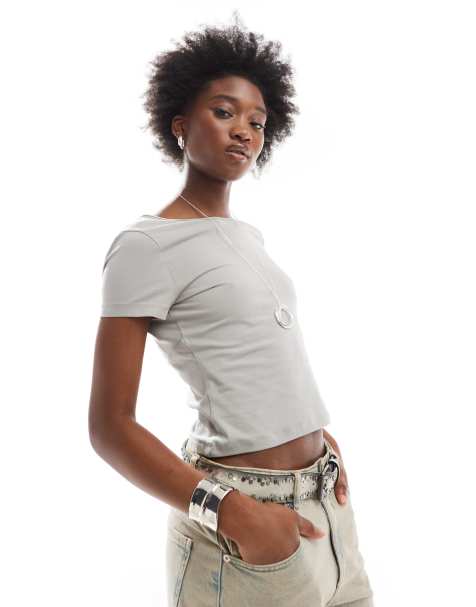 Noisy May open back t-shirt in pale grey - view 1
