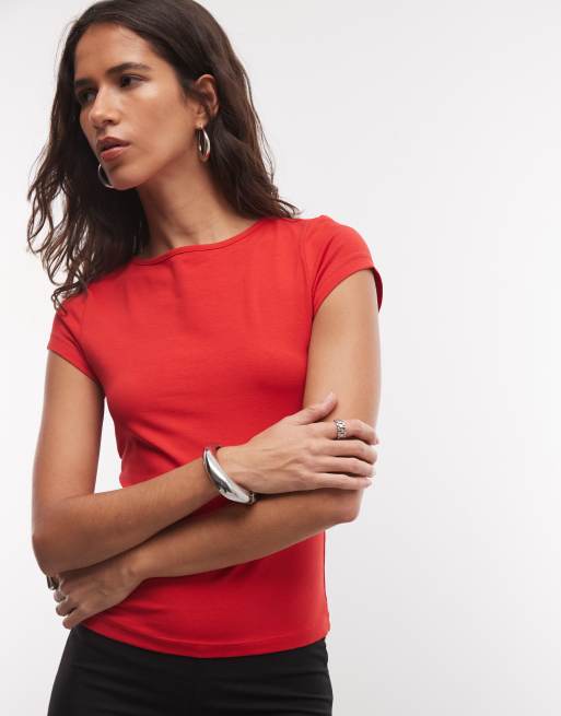 Noisy May open back t-shirt in red, 3 of 4