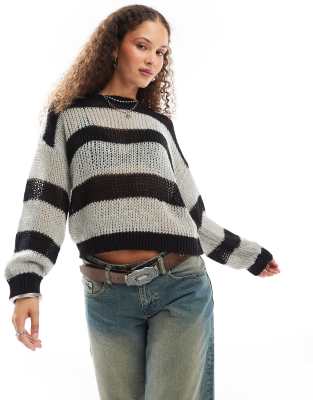 Noisy May open knit jumper in black and grey stripe