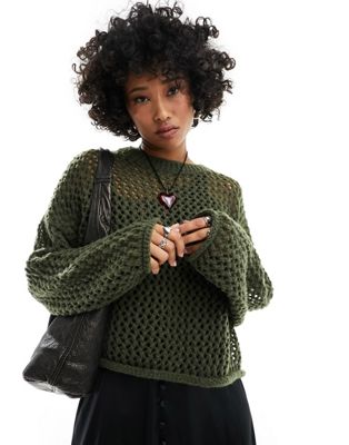 Noisy May open knit jumper in khaki
