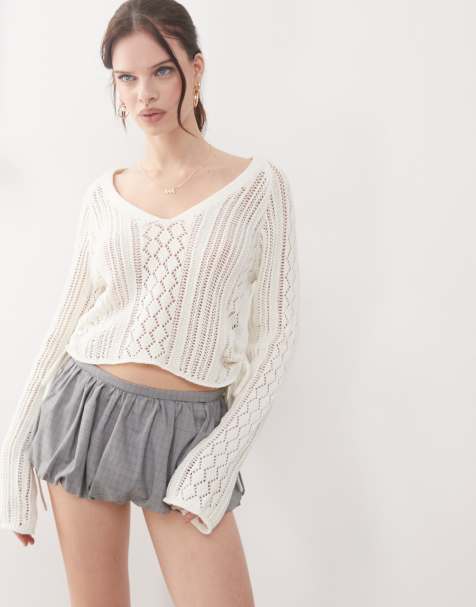 Noisy May open knit ruched side top in off white - view 1
