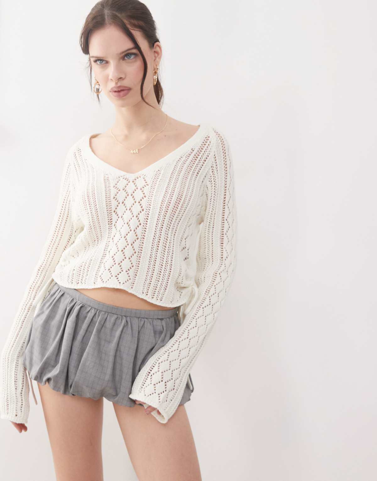 Noisy May open knit ruched side top in off white