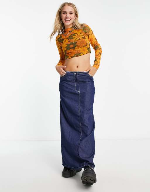 Noisy May – Orange crop top av mesh med blommigt mönster i 70-talsstil, 4 av 4