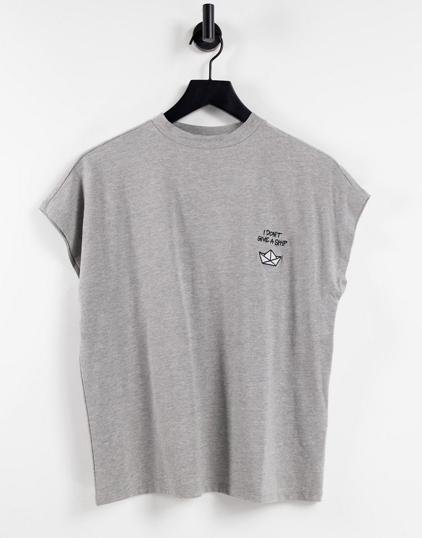 Noisy May Organic Cotton T-shirt With What The Ship Slogan In Gray-grey