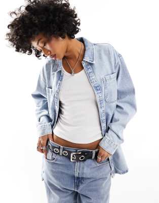 Noisy May Oversize Denim Shacket In Light Blue Wash