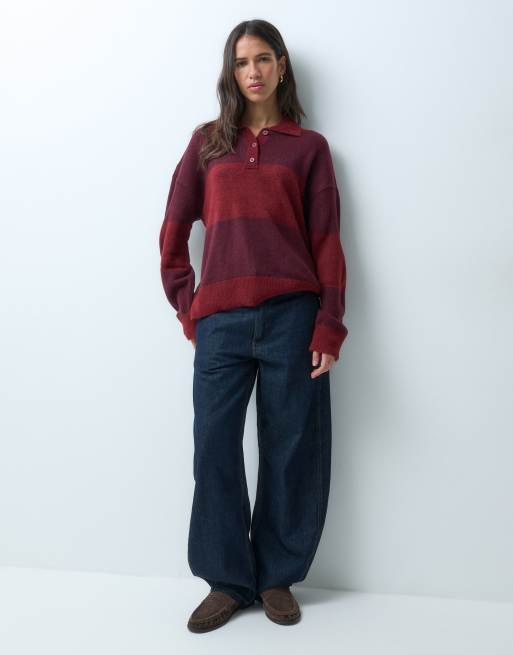 Noisy May oversize sweter z dzianiny z kołnierzykiem polo w czerwono-bordowe pasy, 3 z 4