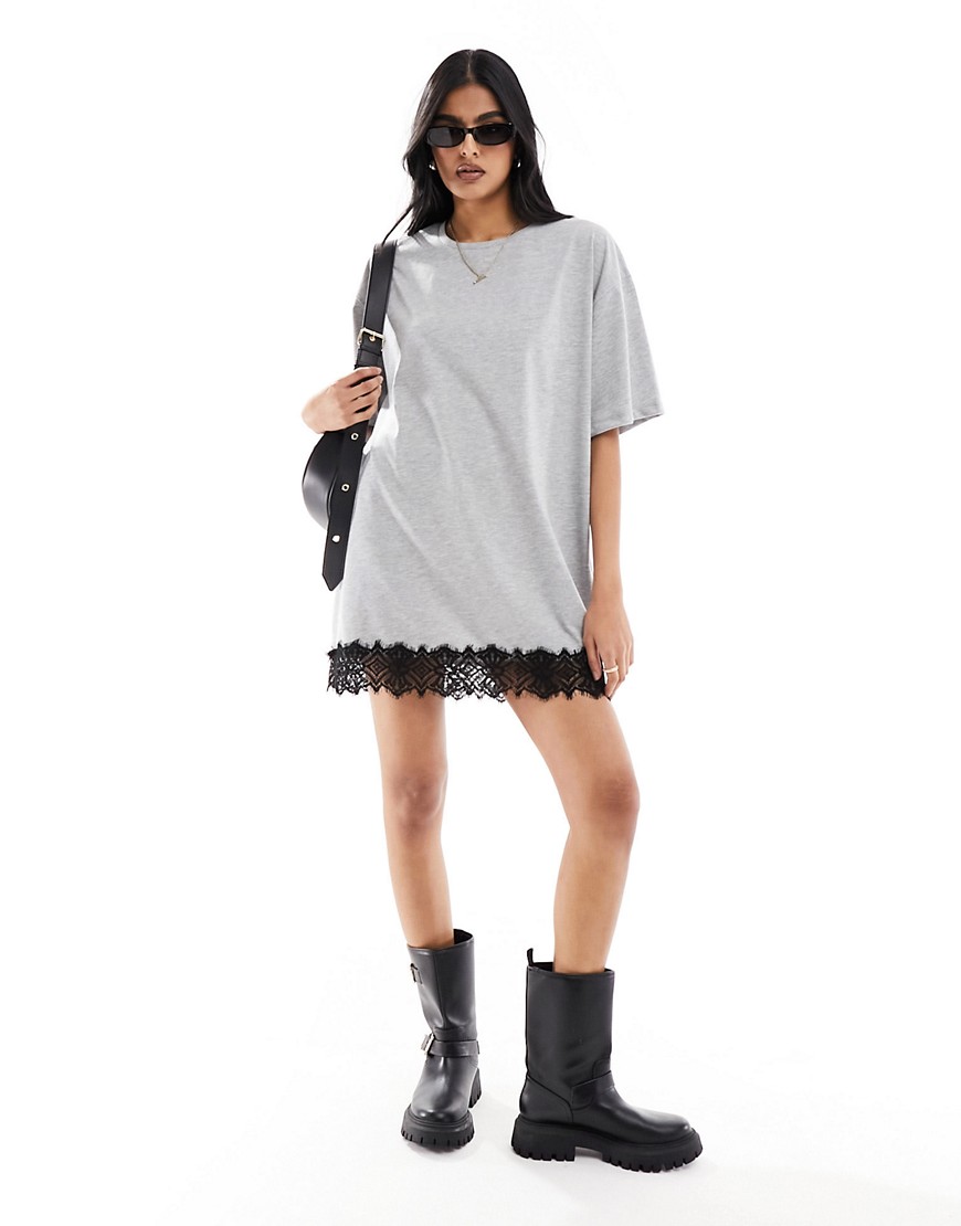 Noisy May Oversize T-shirt Dress With Lace Trim In Gray