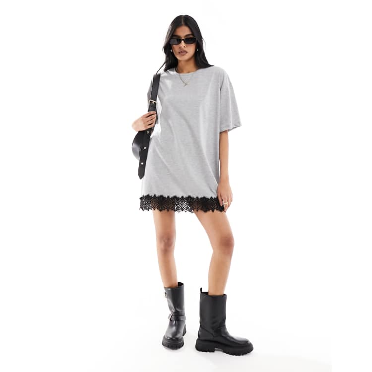 Noisy May oversize t-shirt dress with lace trim in grey