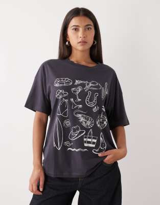 Noisy May - Oversize-T-Shirt in Anthrazit mit sommerlichem Grafikprint-Grau