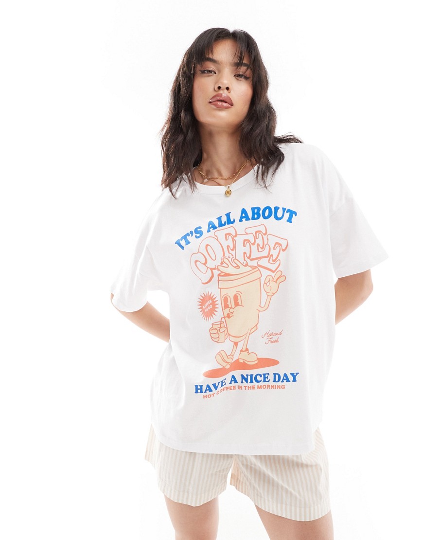 Noisy May oversize t-shirt with coffee print in white