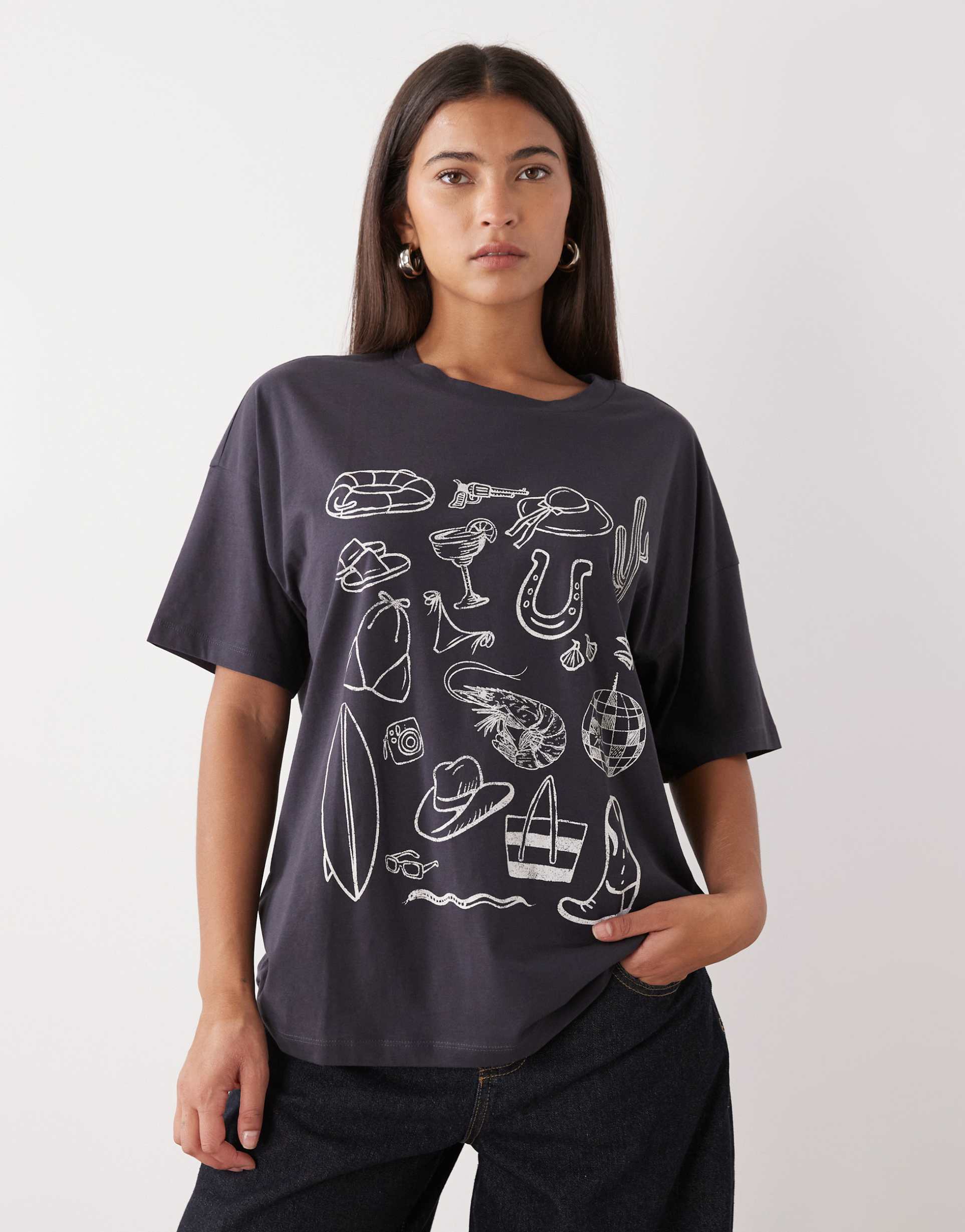 noisy may oversize t-shirt with summer graphic in charcoal