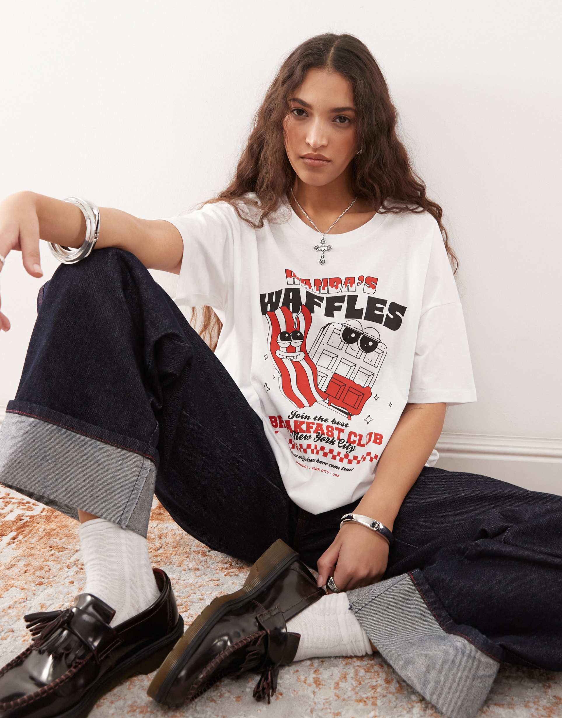 noisy may oversize t-shirt with waffles graphic in white