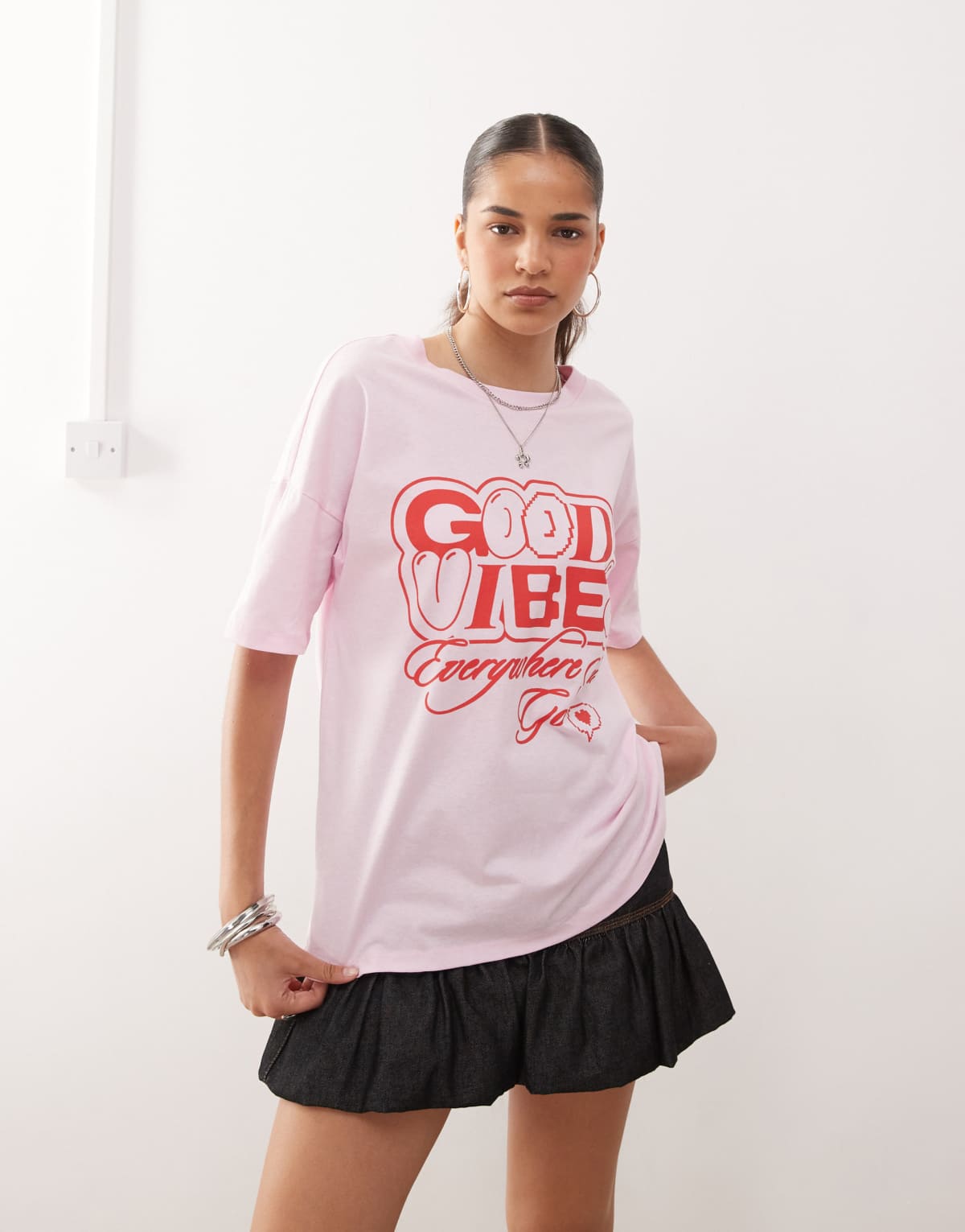 Noisy May oversize tee with good vibes graphic in light pink