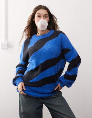 Noisy May oversize texture knit jumper in blue & black zebra