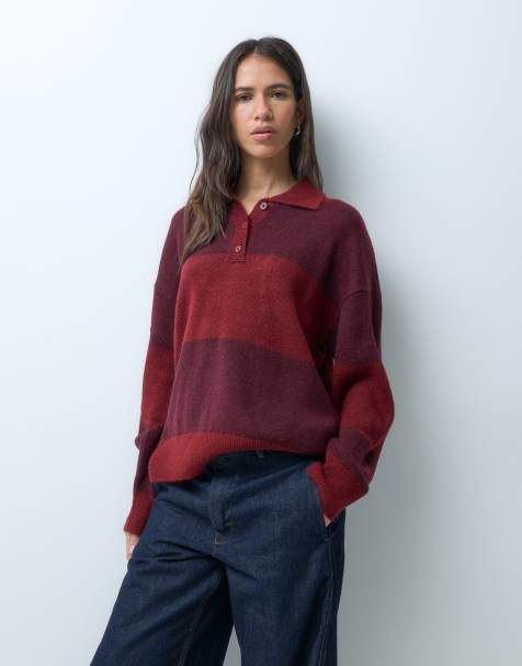 Noisy May oversized angerauter Polopullover mit Streifen in Rot und Burgunderrot - view 1