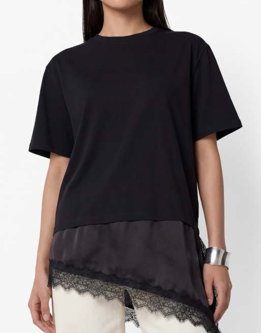 Noisy May oversized asymmetric t-shirt with satin detail in black, 3 of 4