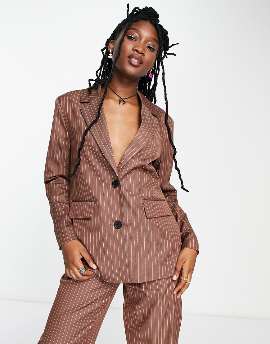 Noisy May oversized blazer co-ord in chocolate pinstripe-Brown