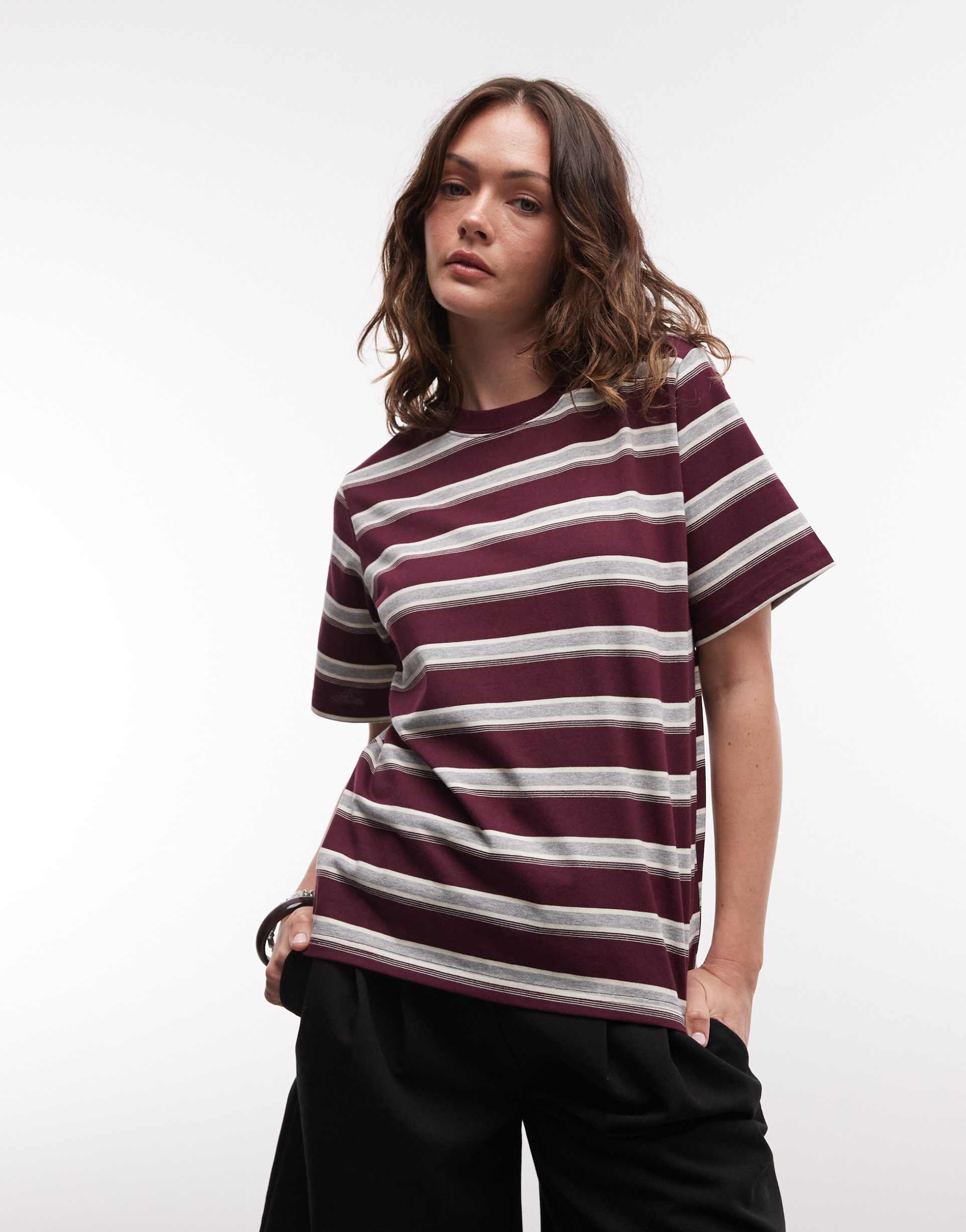 noisy may oversized boxy fit t-shirt in burgundy and cream stripe