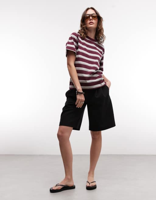 Noisy May oversized boxy fit t-shirt in burgundy and cream stripe, 3 of 4