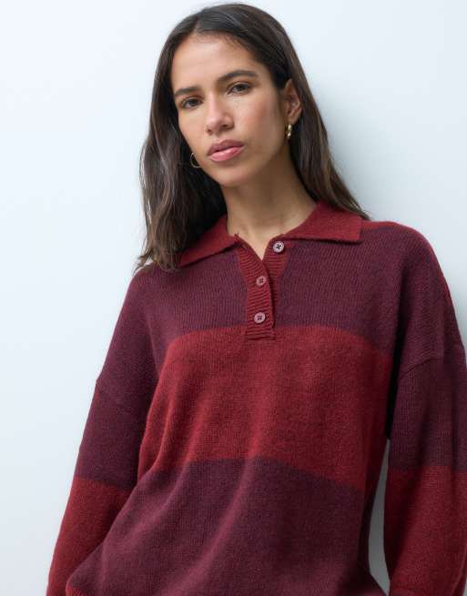 Noisy May oversized brushed polo knit jumper in red and burgundy stripe, 2 of 4