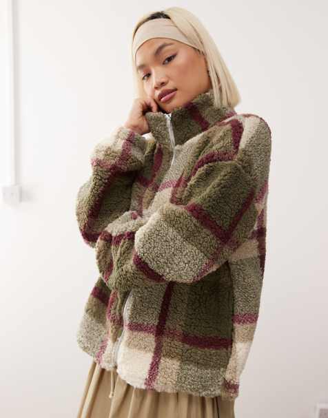 Noisy May oversized check fleece in cream and khaki - view 1