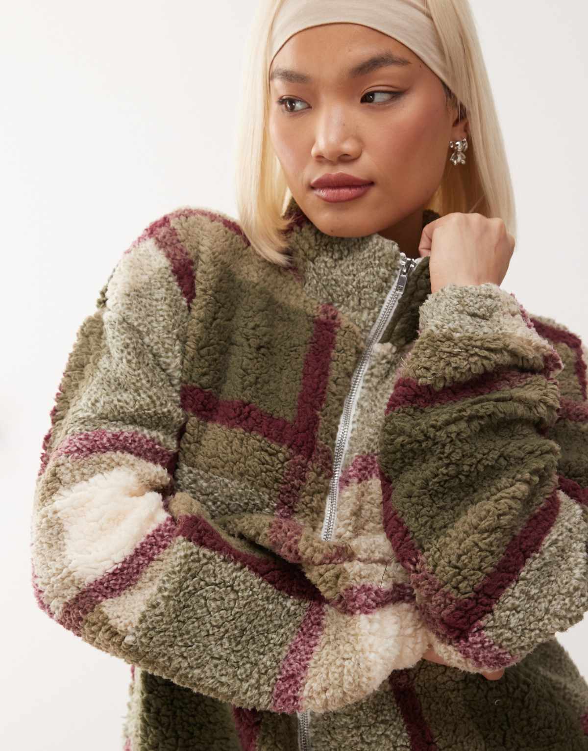 Noisy May oversized check fleece in cream and khaki