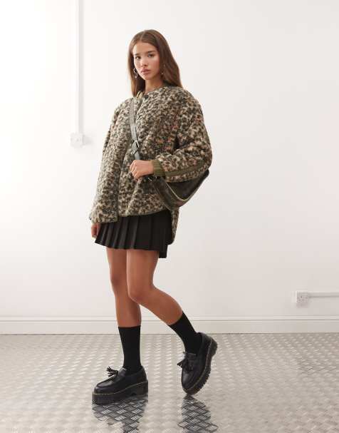 Noisy May oversized collarless teddy jacket in leopard print - view 1