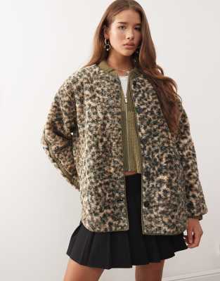 Noisy May Oversized Collarless Teddy Jacket In Brown