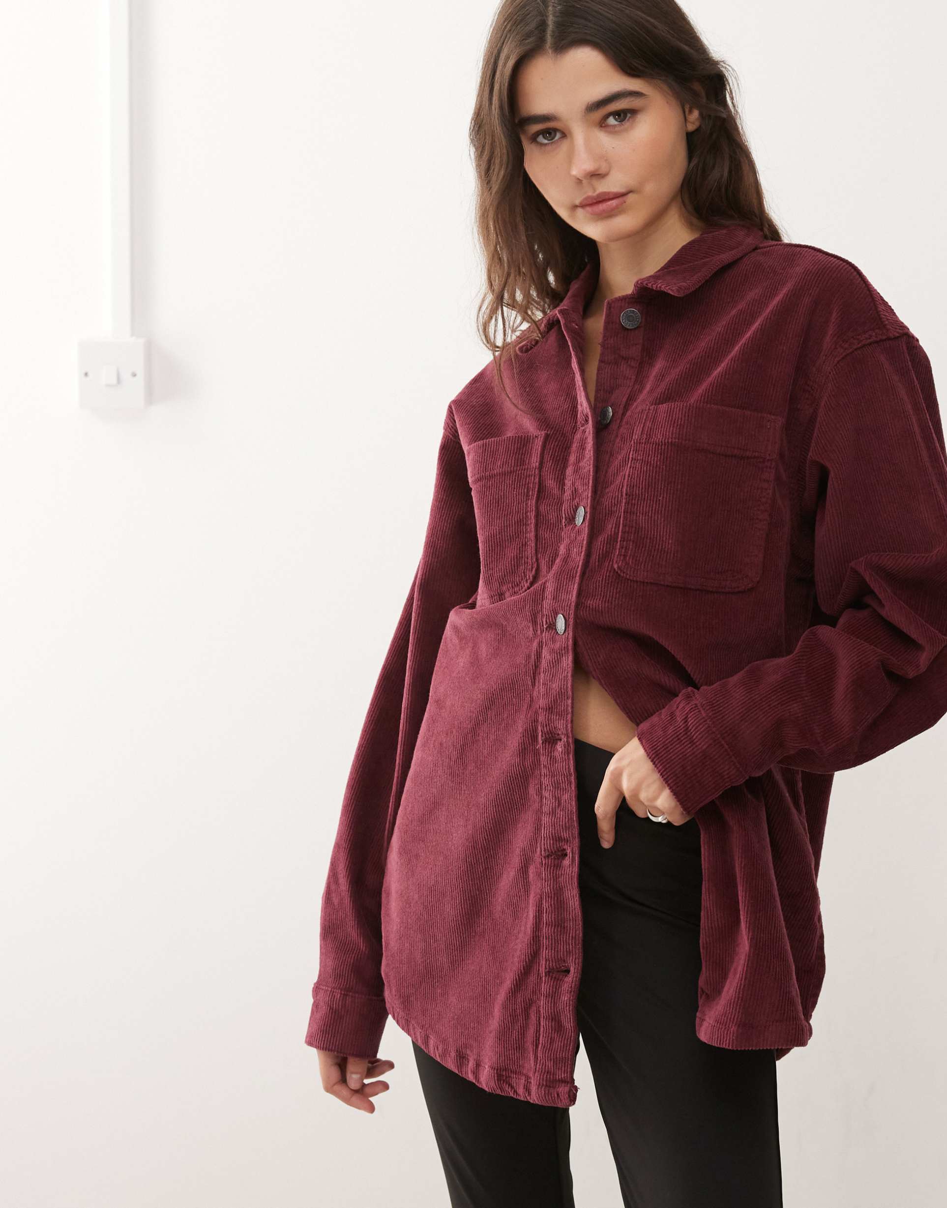 noisy may oversized cord shirt in burgundy