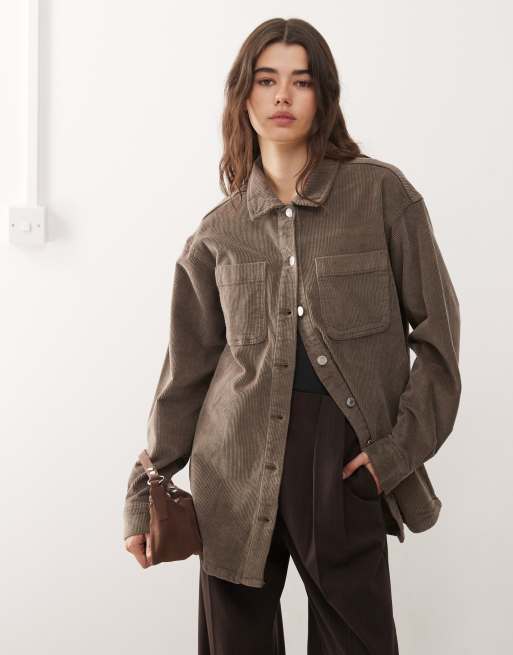 Noisy May oversized corduroy shirt in light brown