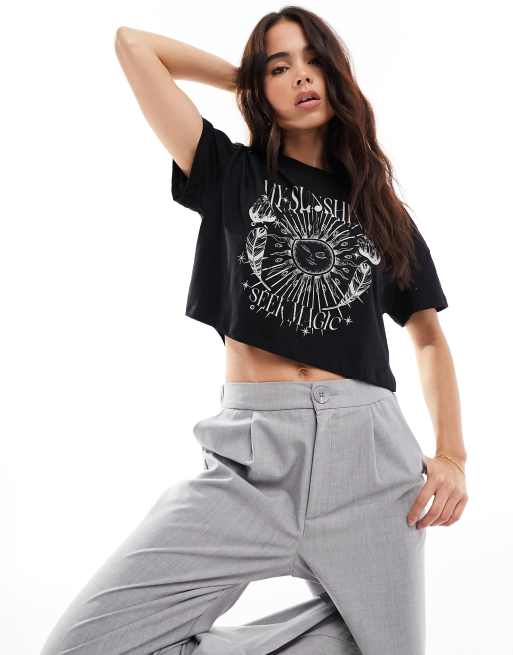 Noisy May - Oversized cropped T-shirt met Sunshine-print in zwart