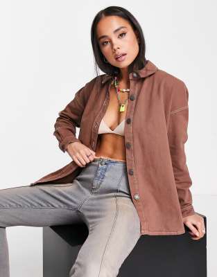 Noisy May oversized denim shirt in chocolate brown - ASOS Price Checker
