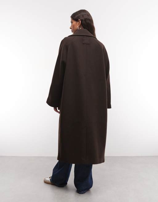 Noisy May oversized dropped shoulders midaxi overcoat in chocolate, 3 of 4