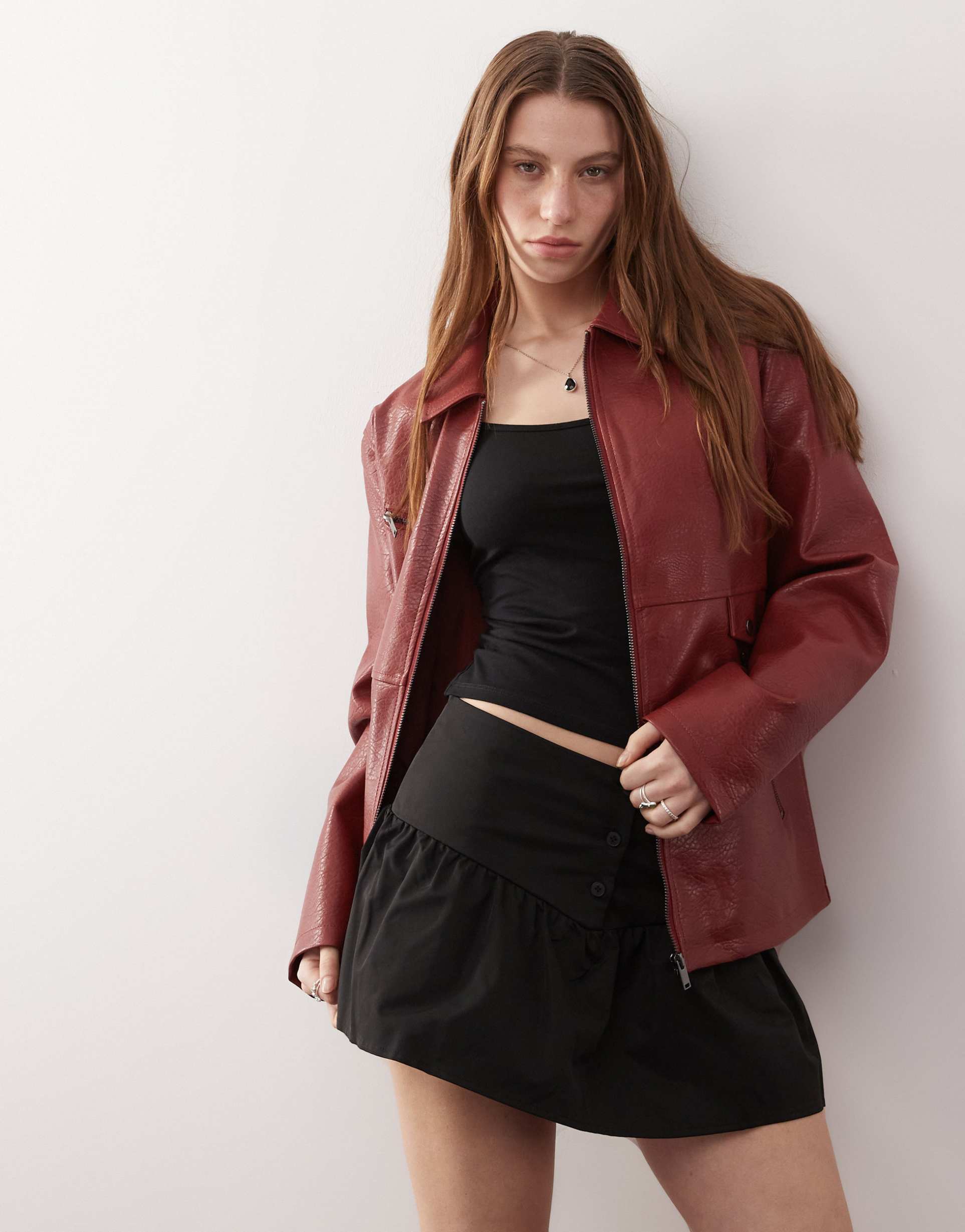 noisy may oversized faux leather racer jacket in red