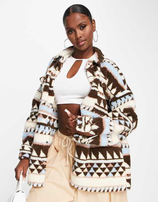 Noisy May oversized fleece jacket in brown aztec print