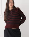 [Noisy May] Noisy May oversized frill collar jumper in burgundy stripe-Red XS Windsor wine