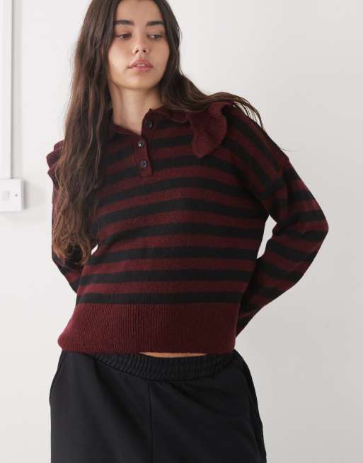 Noisy May oversized frill collar jumper in burgundy stripe