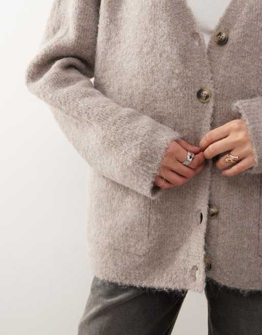 Noisy May oversized knit cardigan in beige, 2 of 4
