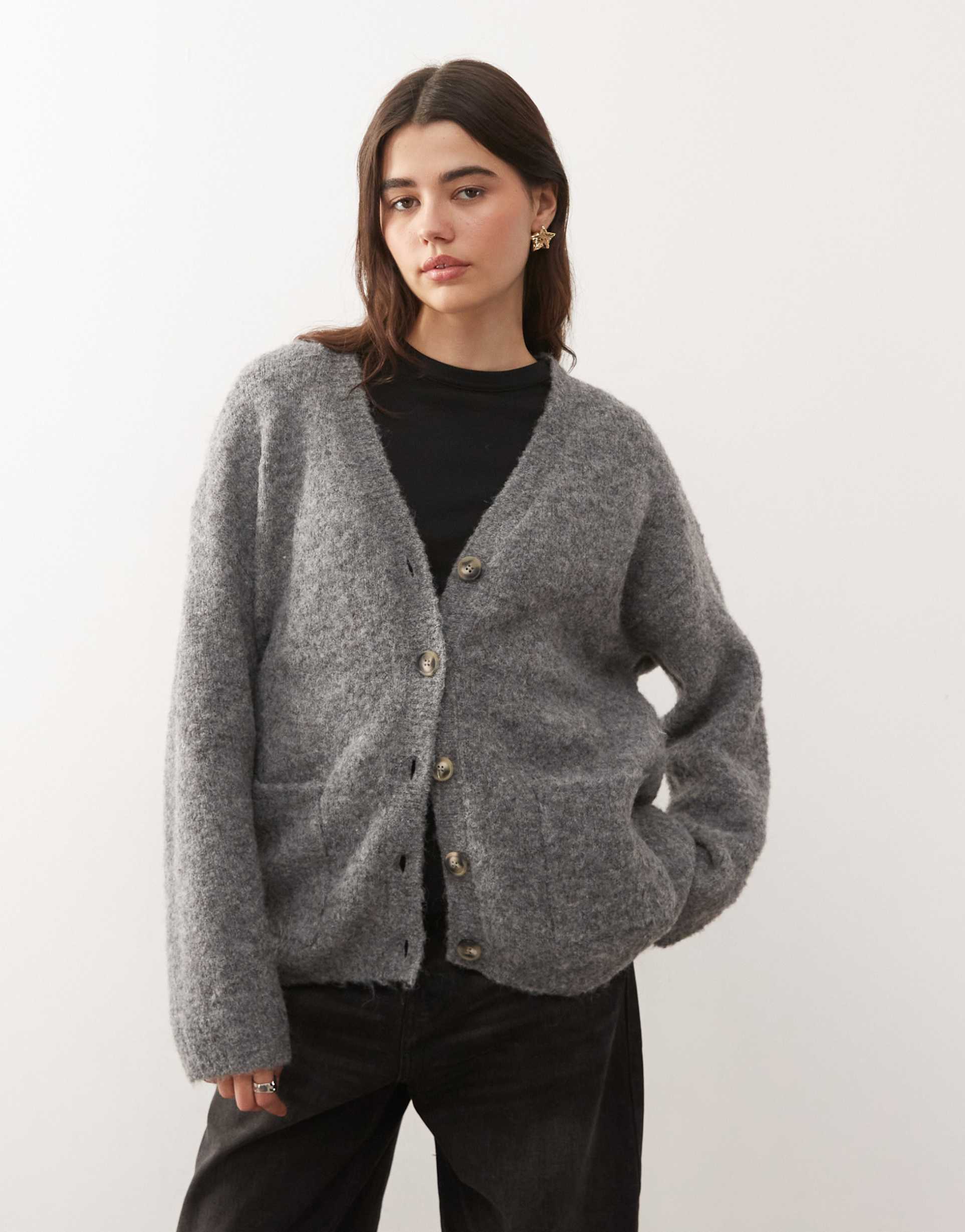 noisy may oversized knit cardigan in gray