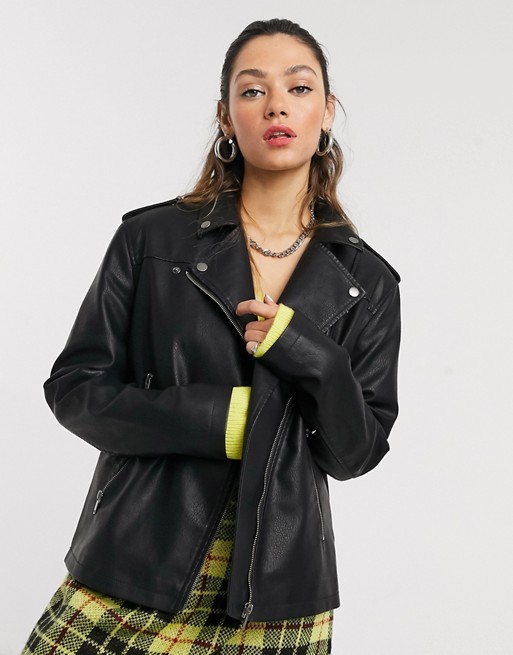 Noisy May oversized leather look jacket in black
